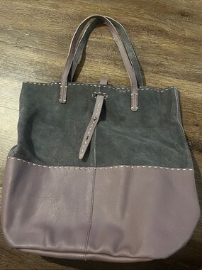 Two-Tone Suede & Leather Tote in Mauve and Charcoal